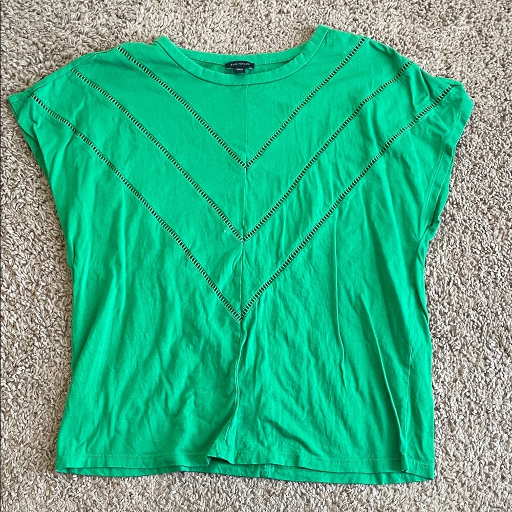 Ann Taylor Bright Green Short Sleeve Tee with Lace Chevron Detail